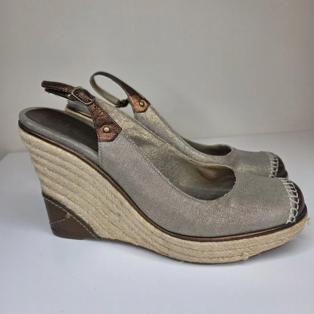 Cole Haan G Series Metallic Gold Canvas Espadrille Wedge Slingback Sandals 7B